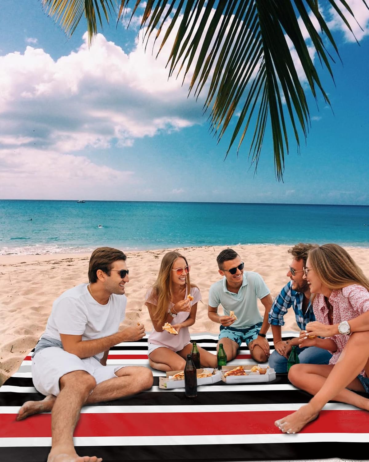 Classic Red Grey White Stripes Beach Blanket Waterproof Sandproof Outdoor Picnic Mat 83"x79" Striped Lightweight Large Beaach Blankets with 4 Stake & 4 Corner Pockets