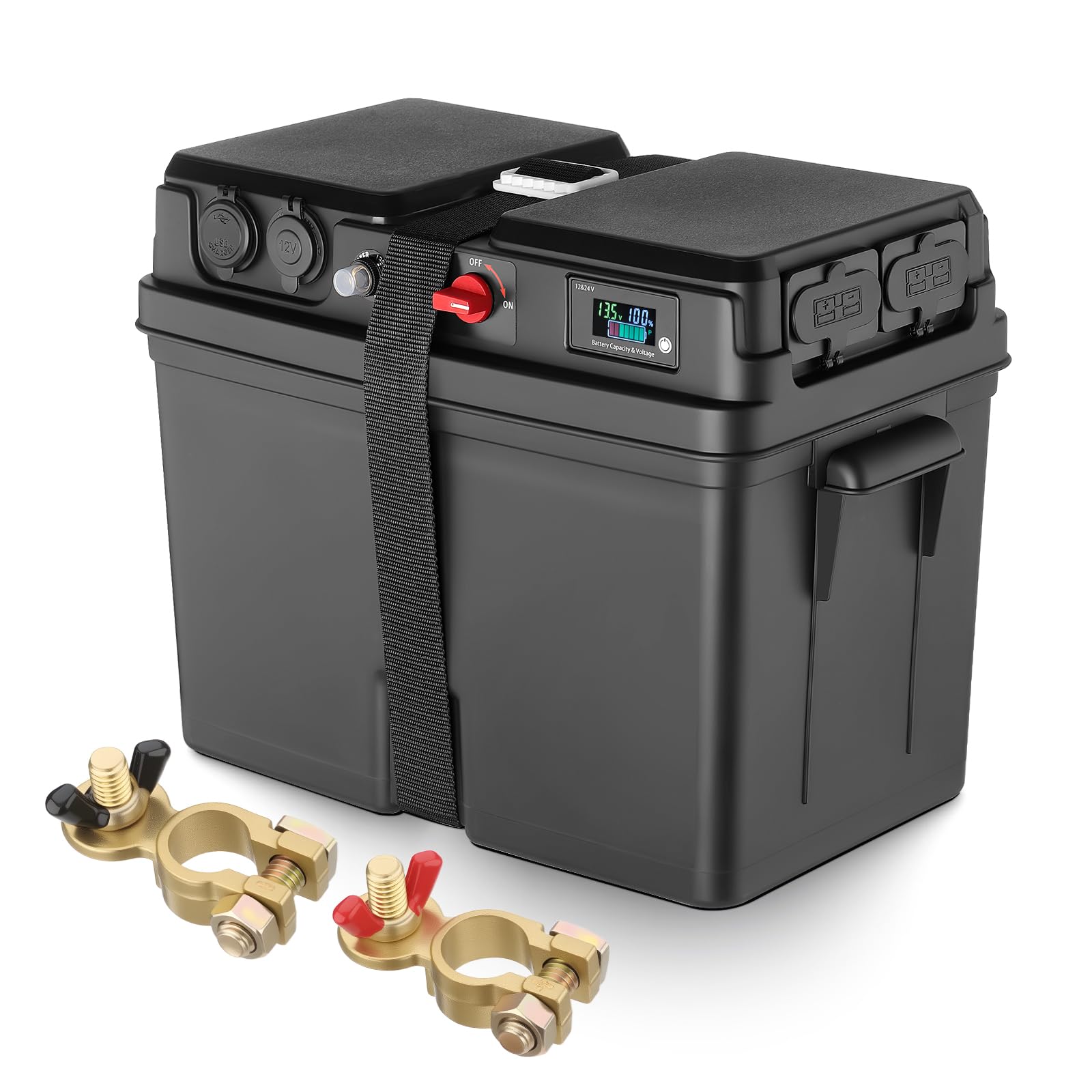 GEARMONSTER Batteriebox für Bootsmotor Elektromotor Schlauchboot Aussenboarder RV– mit USB & 12V Anschluss, Zigarettenanzünder, LED-Anzeige, 50A Steckern, passend für Batterien Größe 24/27/31