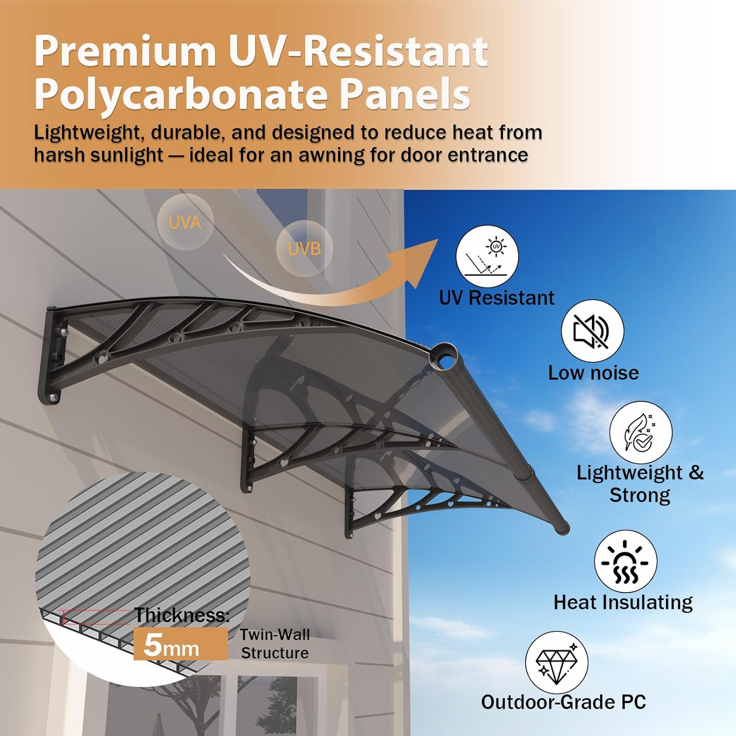 Awning for Door Entrance,32x40 Inch Polycarbonate Window Canopy Exterior with Drainage,UPF 50+ Rain Snow Sun UV Protection,Spliced Overdoor Awnings for Outside,Doors, Patio, Porch, Deck