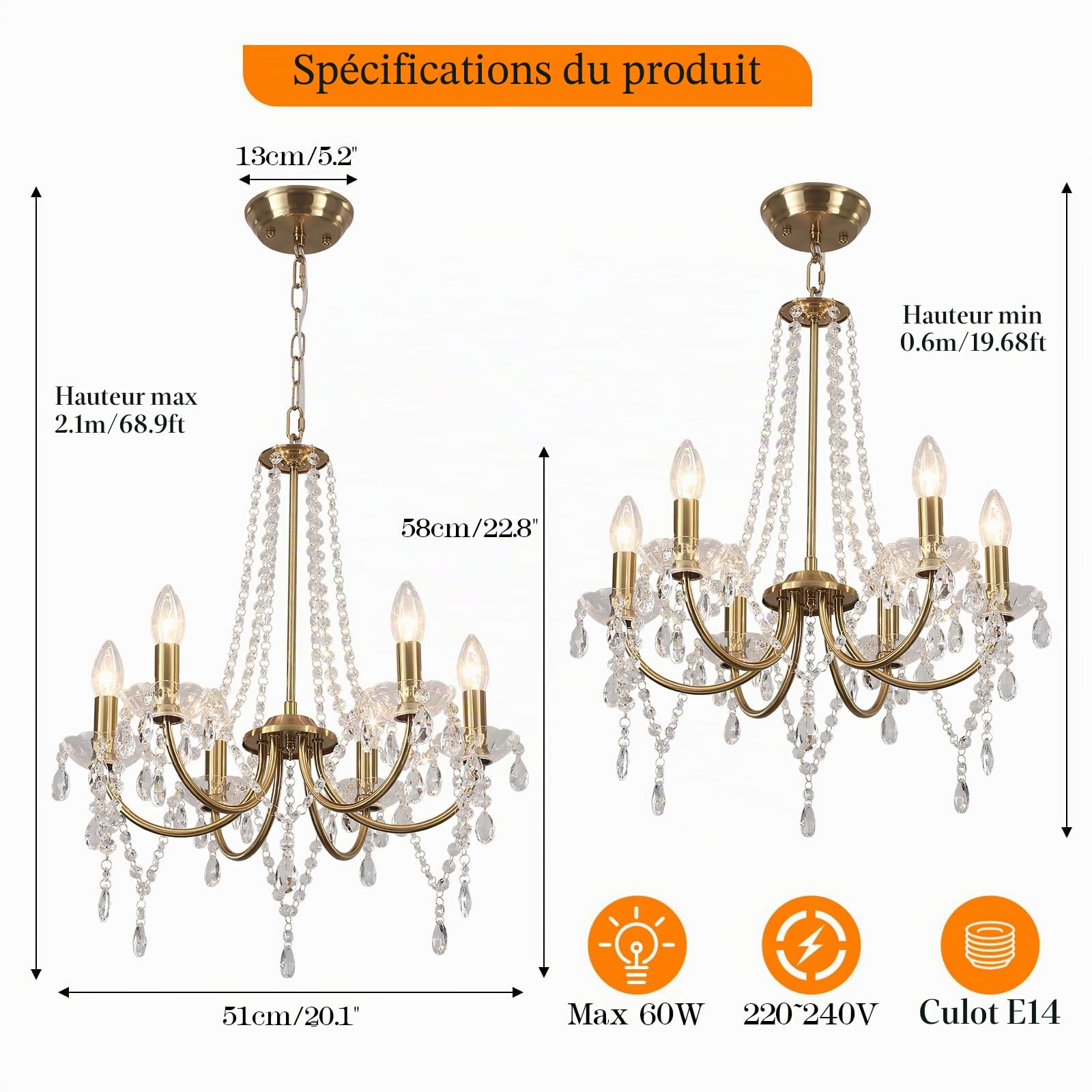 Lustre Cristal Chandelier Doré Lustre Salle à Manger Luminaires IntéRieur Convient Aux Salles à Manger, Salons, Couloirs Et Chambres à Coucher, L 51x H 58, Douille E14 (Ampoule Non Incluse)