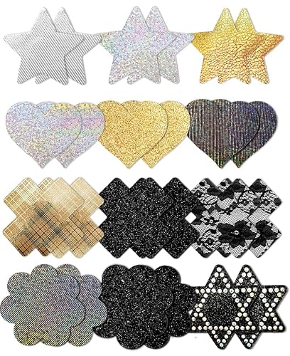Tripetals Nipple Pasties Rhinestones Pasties Rave Pack Sticky Nipple Covers Small Large Breast Petals Pasty Thin Boob Pasties - 12 Pairs Black Silver and Gold