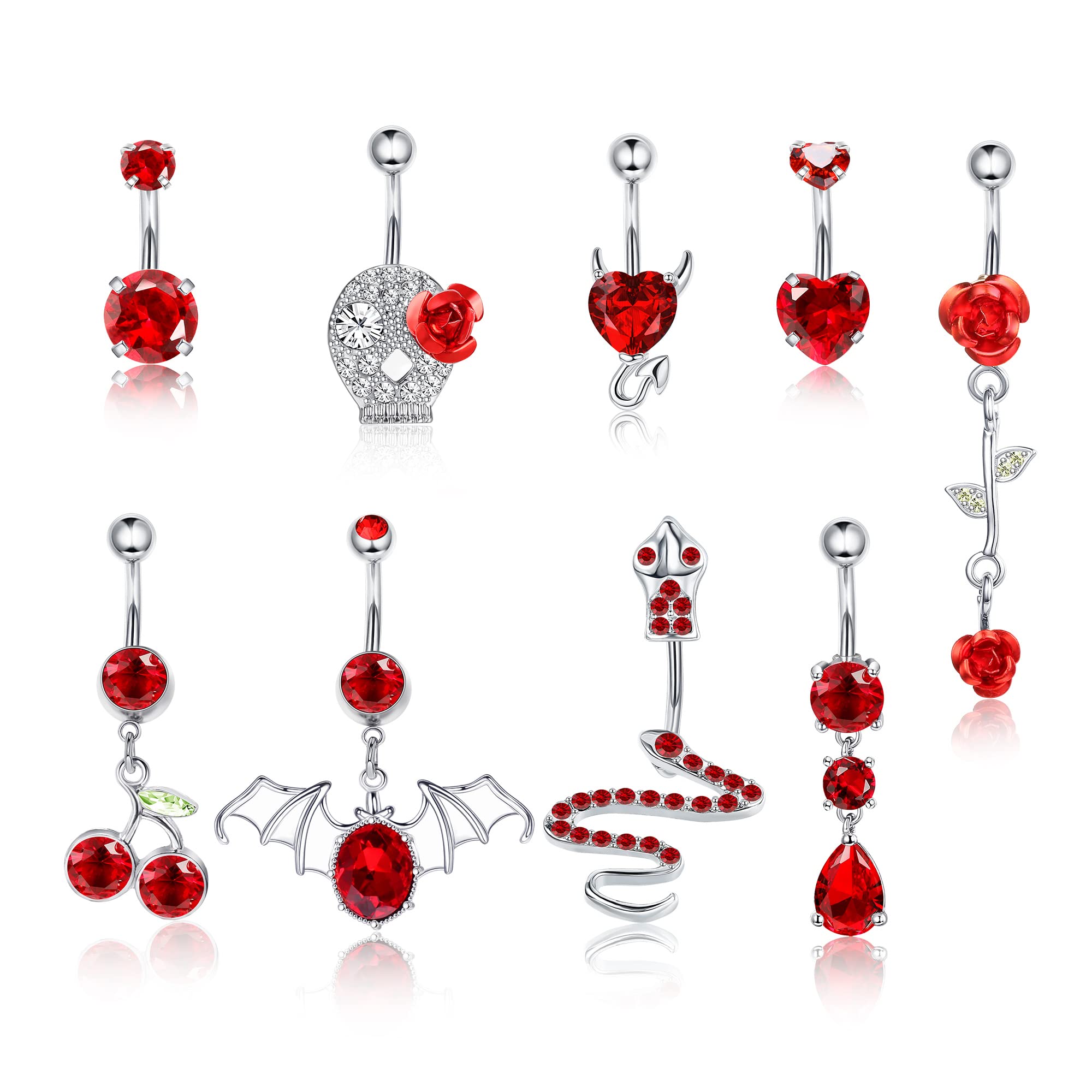 KakoniaBarras de ombligo para mujer 14G Acero inoxidable Barras de ombligo Anillos de ombligo Serpiente linda Diablo Corazón Flor Cuelga Piercing de ombligo Joyas