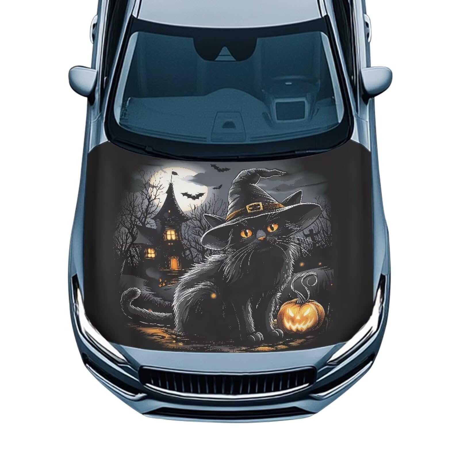 Black Cat Car Hood Cover All Weather Protection Automotive Exterior Accessories Halloween Universal Fit Hood Covers for Cars, Trucks, SUV, or Van Full Coverage