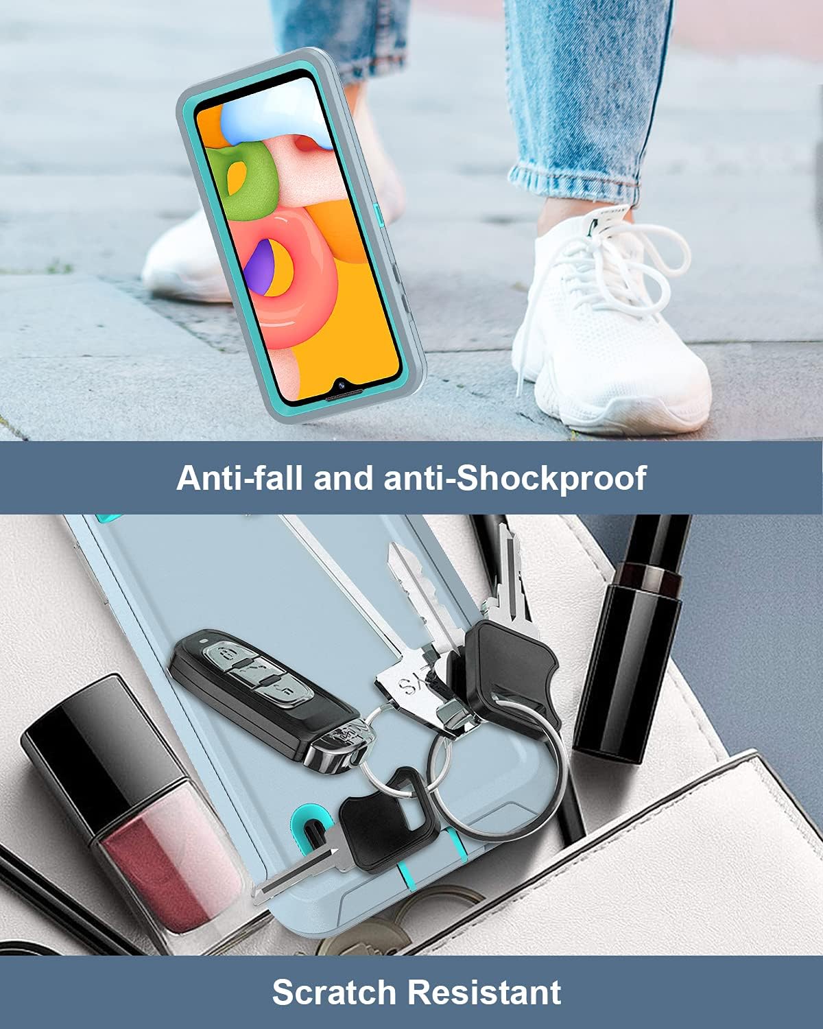 ONOLA Compatible with Samsung Galaxy A01 Case,Samsung A01 Case with HD Screen Protector (2 Pack),Galaxy A01 Case Drop Protection 3-Layer Durable Cover Samsung Galaxy A01 Phone Case(Grey-Sky Blue)