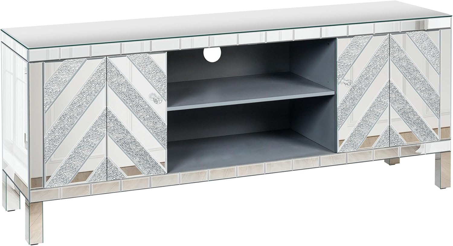 Mirrored TV Stand with Storage Cabinets and Open Shelf, TV Console Table for 65+ Inch TV, Glass Entertainment Center with M Shape Sparkling Mirror Doors, for Living Room, Sliver