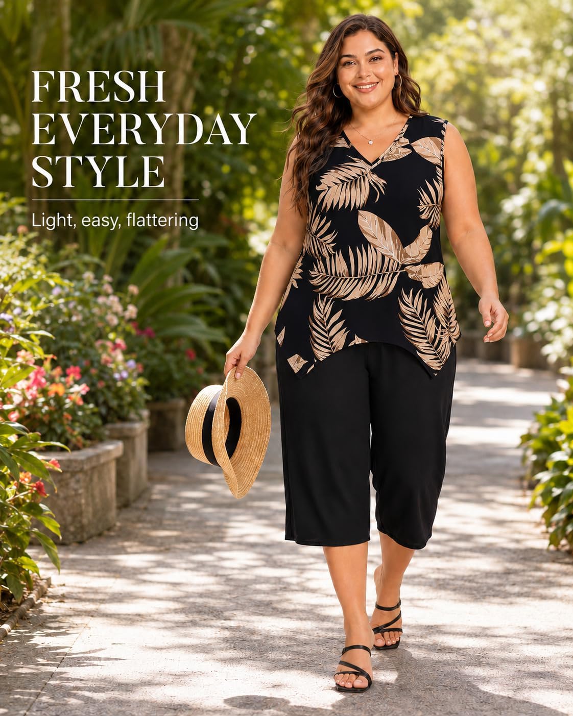 WILDPARTY Plus Size 2 Piece Outfits for Women Sleeveless Floral Top and Capri Pants Set Casual Summer Matching