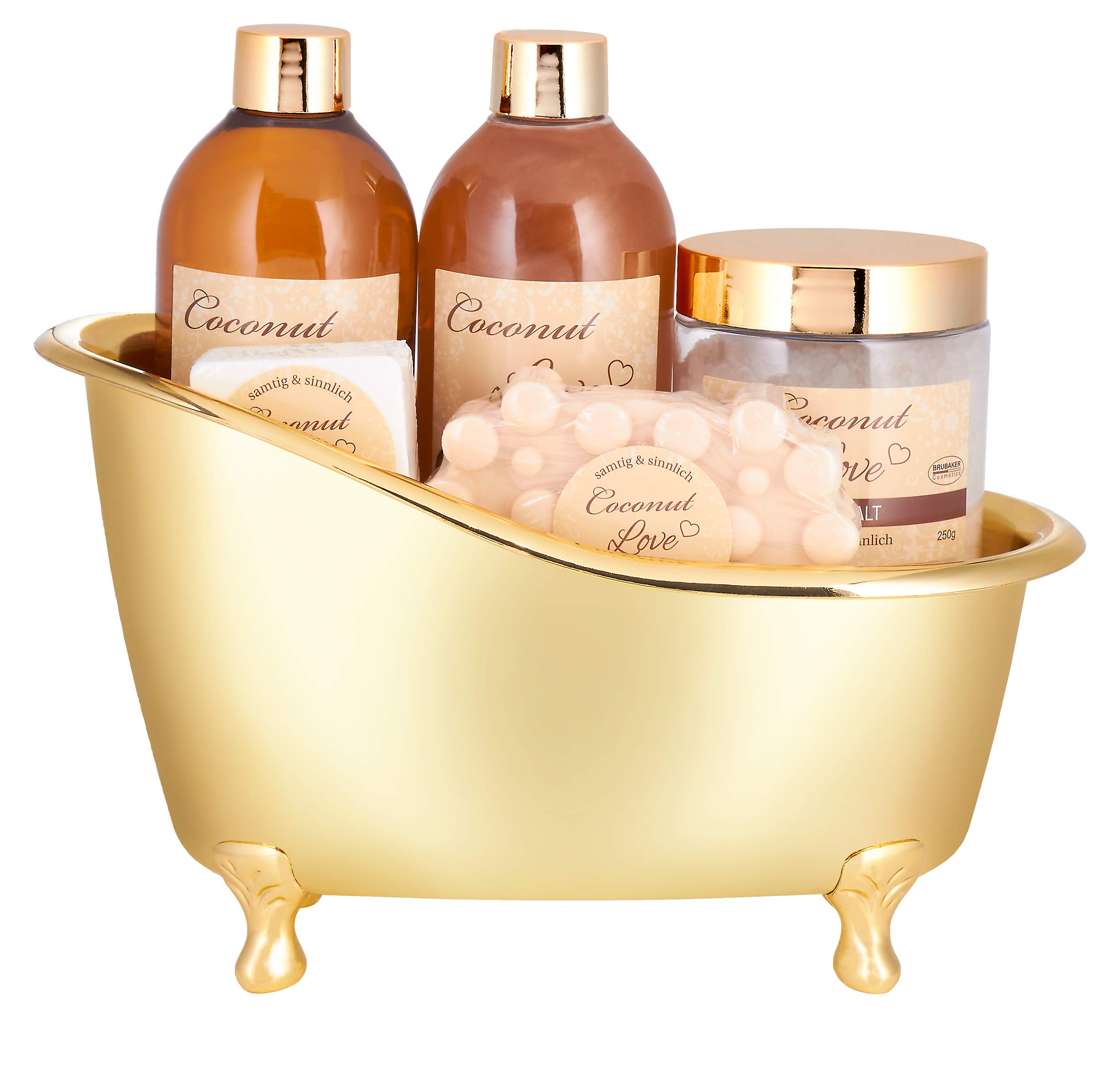 BRUBAKER set da bagno 'Coconut Love' presentato in una mini vasca da bagno color oro, 6 pezzi