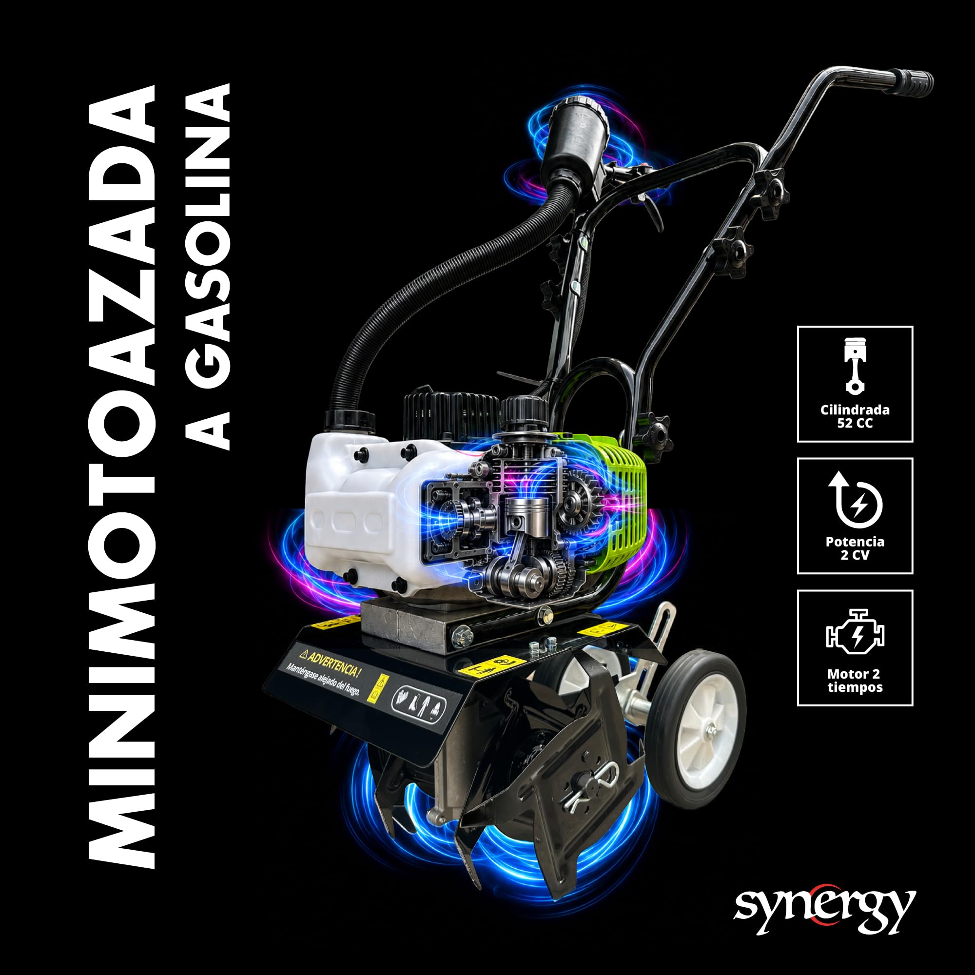 Synergy Mini Motoazada Gasolina 52cc 2CV – Motor 2 Tiempos – Ancho de Trabajo 26cm – 4 Cuchillas Reforzadas y Ruedas de Transporte – Modelo Groundwork