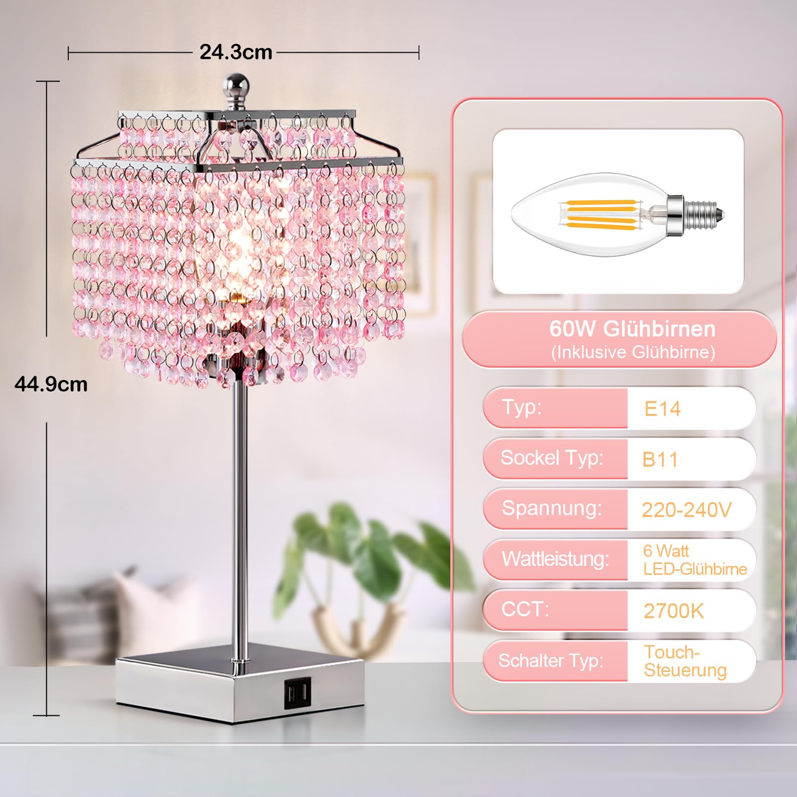 GyroVu Kristall Tischlampe, Rosa Dimmbare Touch Nachttischlampe mit Ladefunktion USB A+C-Anschlüssen Steckdosen, Kleine KristallLampe für Wohnzimmer Schlafzimmer Mädchenzimmer (Inklusive Glühbirne)