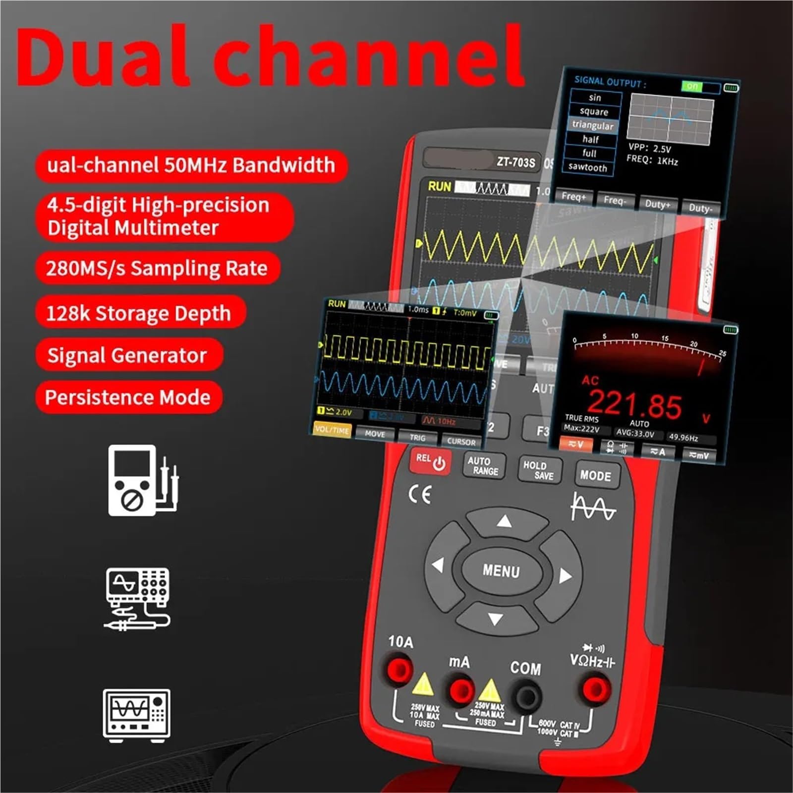 Digitales Oszilloskop ZT-703S 3in-1-Handoszilloskop Automotive Zweikanal 50 MHz Mit Digitalmultimeter Und Signalgenerator für Test und Analyse