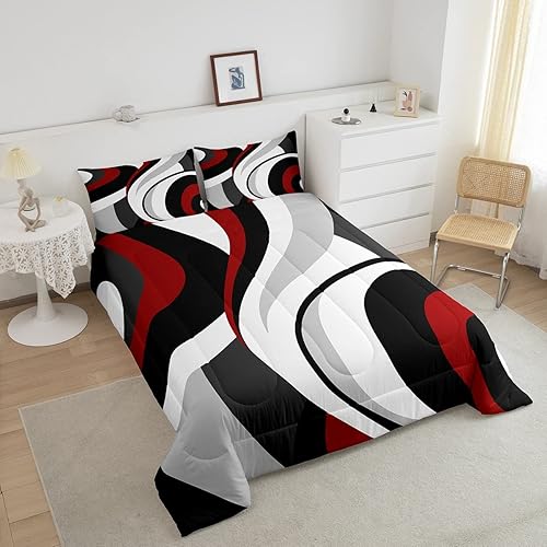 Miniatura 3 de Juego de edredón de rayas rojas y negras, juego de ropa de cama tamaño King con ondas circulares abstractas, geométrico, espiral, acolchado, 3
