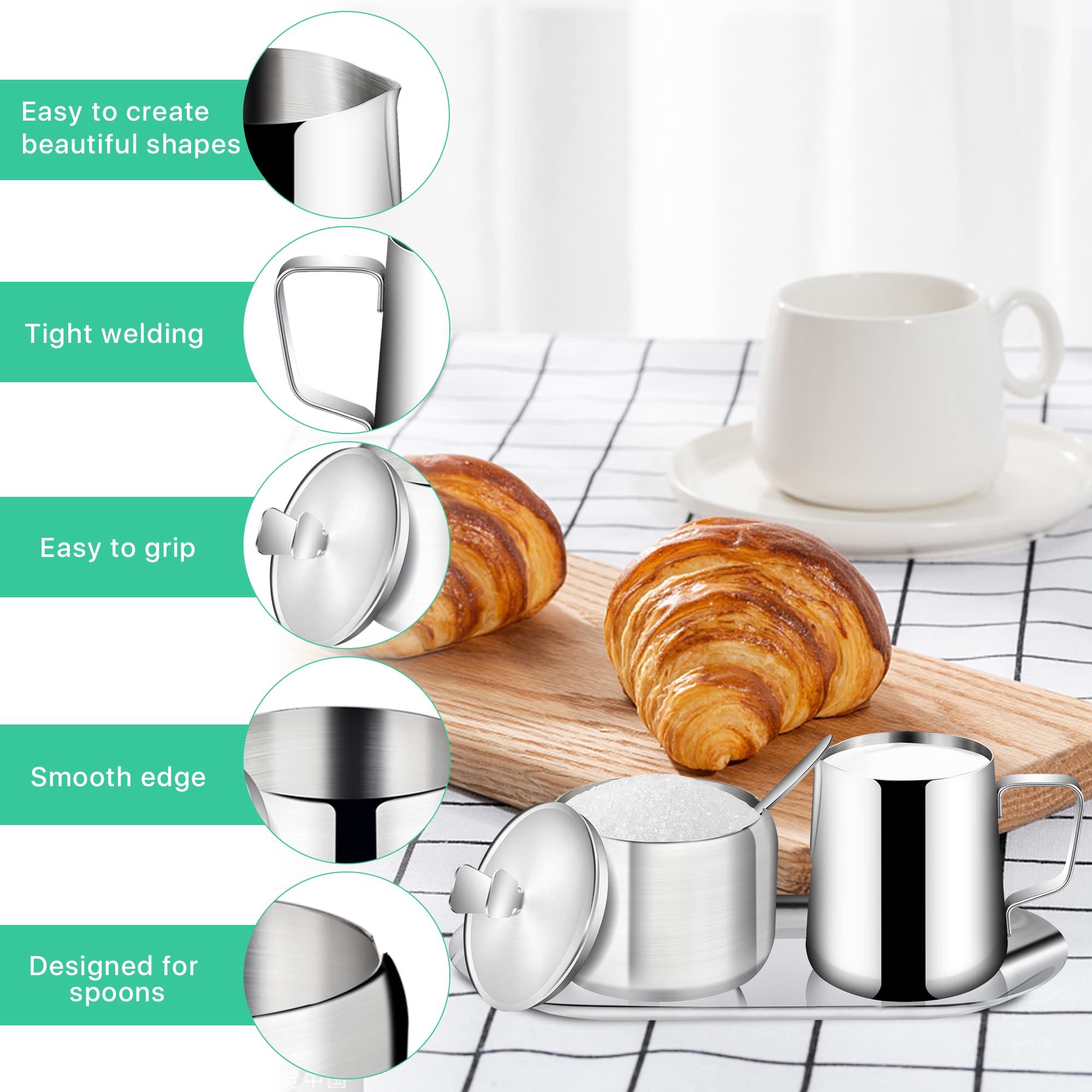 Juego de azucarero y crema de acero inoxidable, juegos de café para servir, taza de leche con leche, jarra de crema y azucarero con tapa para barra de café