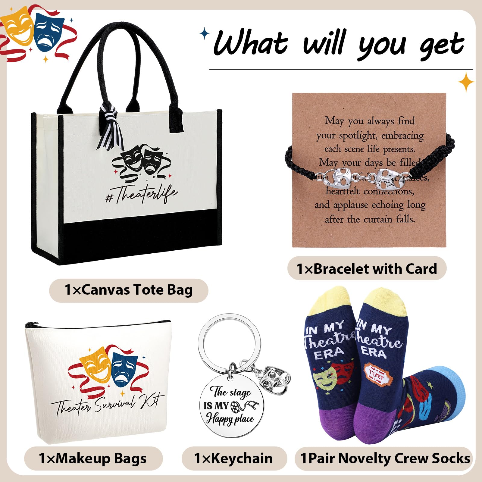 Mimorou 6 Pcs Theater Gifts Set for Women Drama Lover Gifts with Trapezoid Canvas Tote Cosmetic Bag Novelty Socks Keychain Bracelet Card for Theater Broadway Lover Musical Actor Graduation Gift