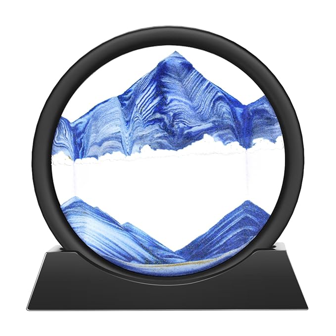 Wai Danie Moving Sand Art Picture 3D Hourglass Deep Sea Sandscape Liquid Motion Display Painting Flowing Sand Frame Relaxing Desktop Home Office Work Decor (Blue, 7 inches)