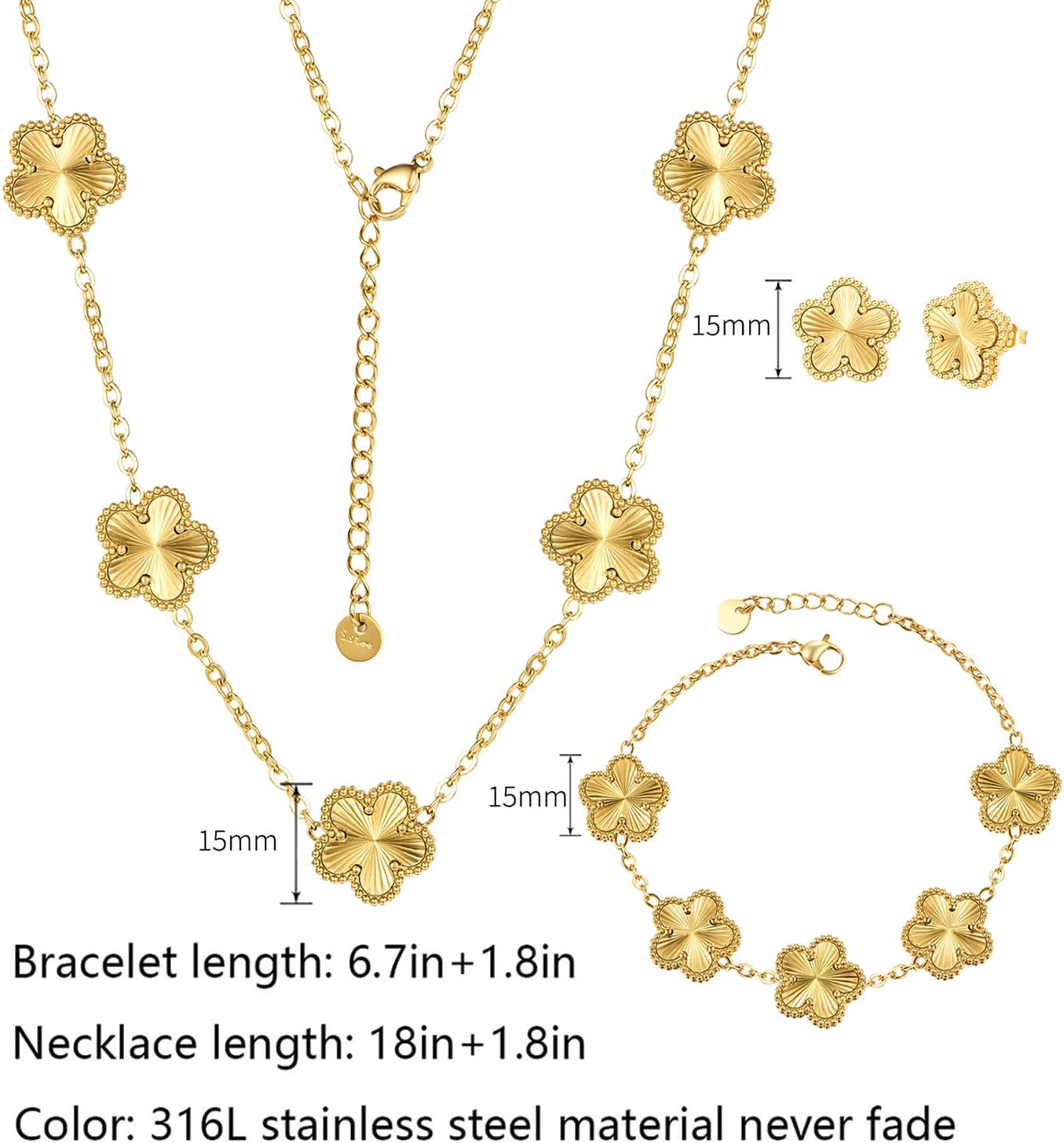 Clover Neckalce Bracelet Earring Set for Women 14K Gold Plated Stainless Steel Four Leaf Clover Jewelry Set - Image 4