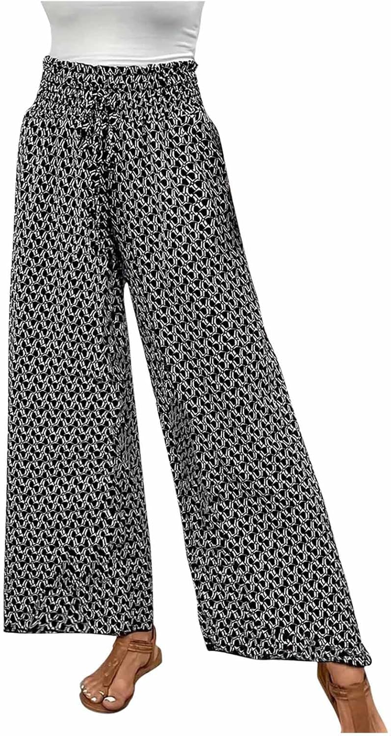 Women's Wide Leg Pants Flowy Drape Ruffle Drawstring High Waist Palazzo Pants Loose Baggy Trousers with Pockets