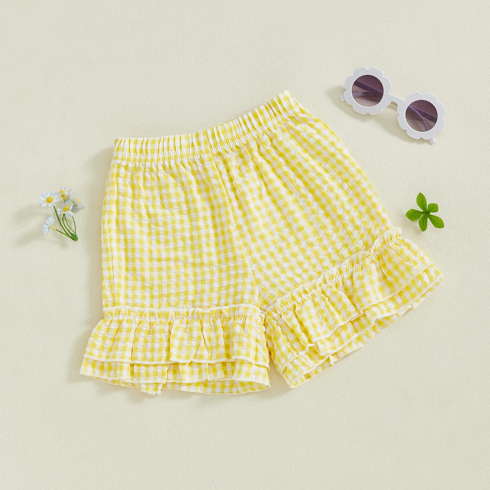 Toddler Baby Girl Plaid Ruffle Shorts Elastic Waist Wide Leg Gingham Boxer Shorts Infant Cute Summer Beach Checkered Bottoms (Yellow, 18-24 Months)