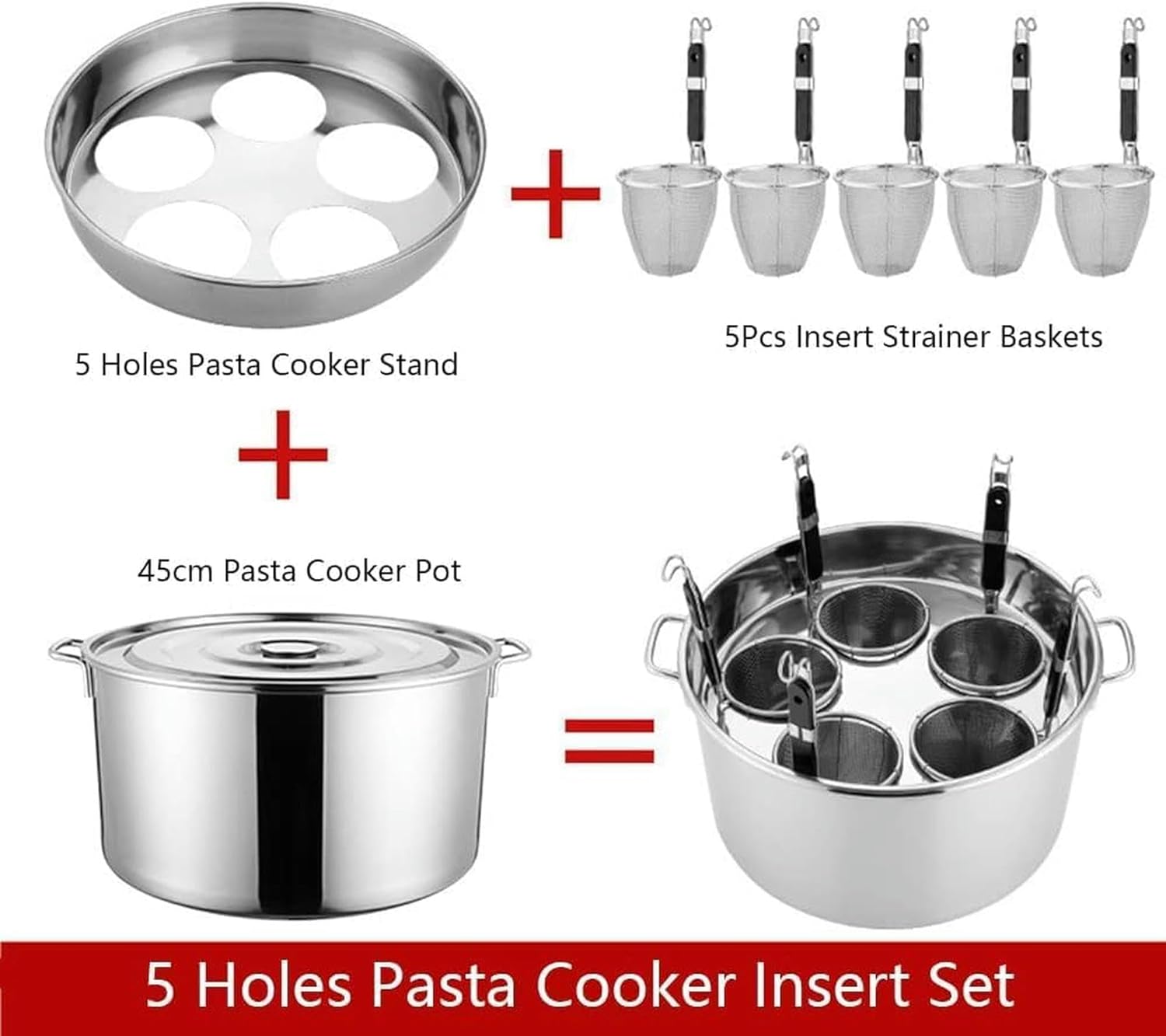 Pasta Pots Stainless Steel Multipots, Pasta Cooker Steamer, Pasta Cooker Insert Set With Strainer Basket For Home Kitchen Restaurant Commercial Cooking Cookware, 5Holes
