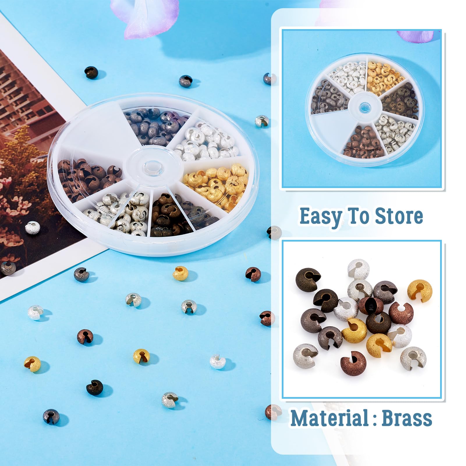 Craftdady 180 Pezzi In Ottone A Crimpare Nodo Copre 6 Mm Metà Tondo Perline Fine Per La Creazione Di Gioielli, 6 Colori, Foro: 2,2 Mm - Foto 8