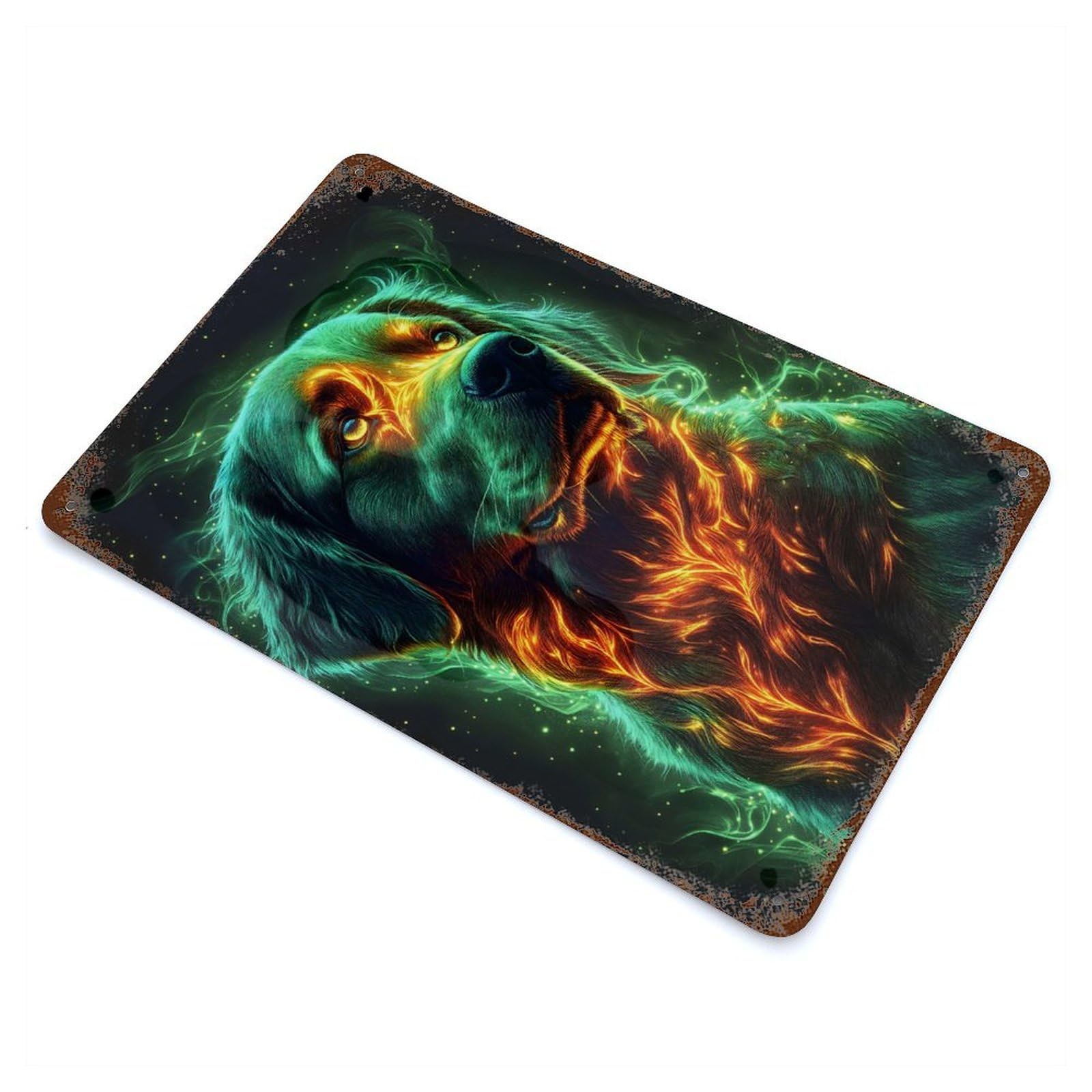 Retriever Dog in Flames Animal Decorative Tin Sign 11.8"x7.9", Industrial Home Decor for Garage, Pub Or Kitchen