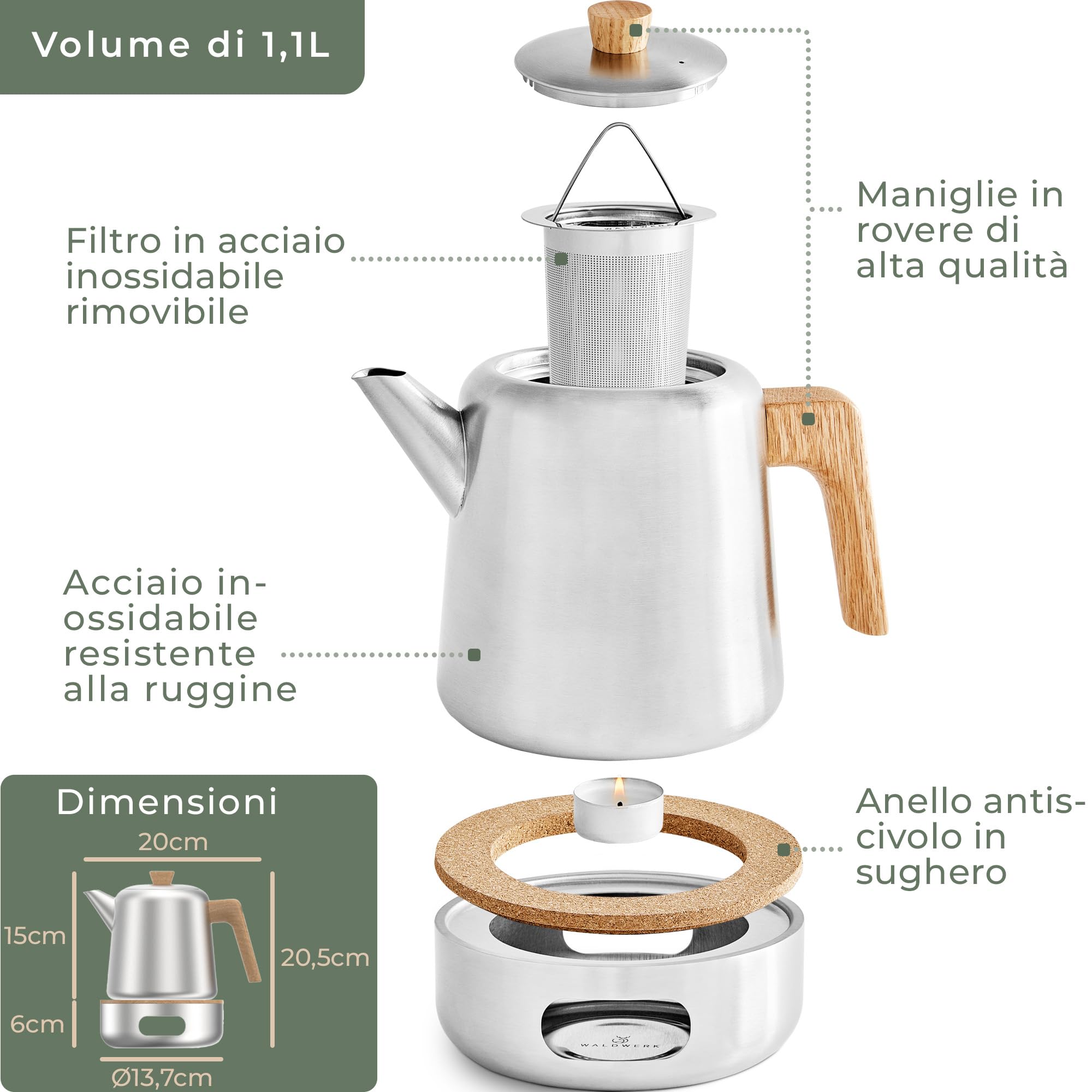 WALDWERK Teiera con scaldino (1,1L) – Teiere con filtro in acciaio inox 304 – Tisaniera in acciaio inox con manici in legno di quercia – 100% antigoccia – Teiera con filtro rimovibile