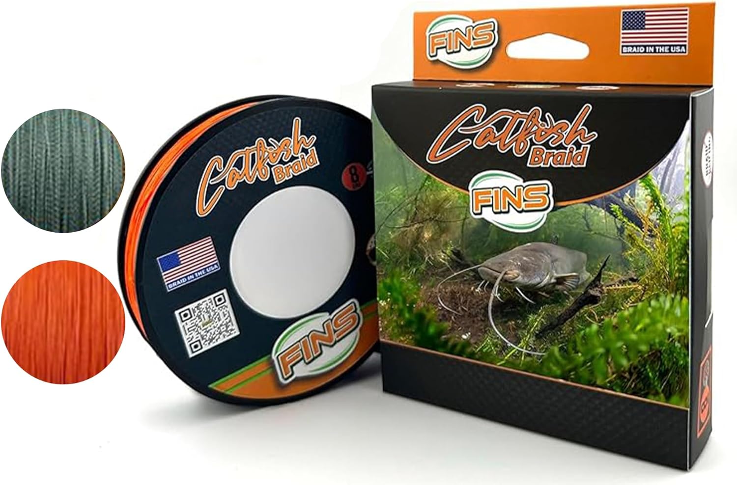 FINS Catfish Braided Fishing Line – 8-Strand High Tenacity PE, Abrasion Resistant, No Stretch, Smooth Casting, High Sensitivity Braid for Blue, Channel and Flathead Catfish in Heavy Cover, Made in USA