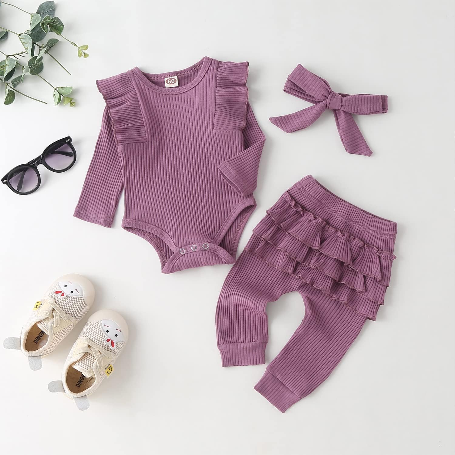 Fullfamous Baby Girl's 3pc Rib Frill Long Sleeve Romper and Pant Set - Image 2
