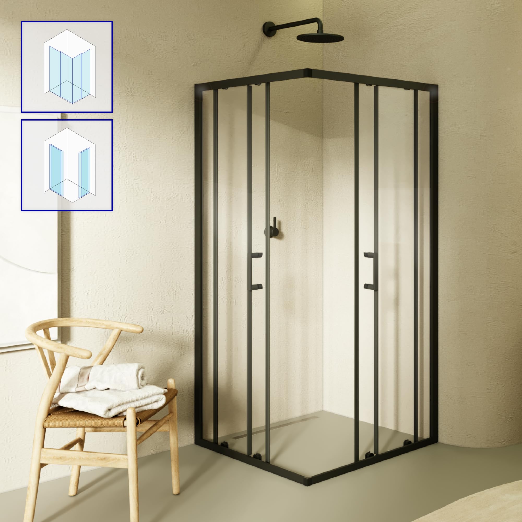 Mampara de Ducha Diana 70x70x180cm, REVERSIBLE, Puertas Correderas, Ajuste 67.5-69.5x67.5-69.5cm, Perfiles Negros, Cristal Templado Transparente 6mm