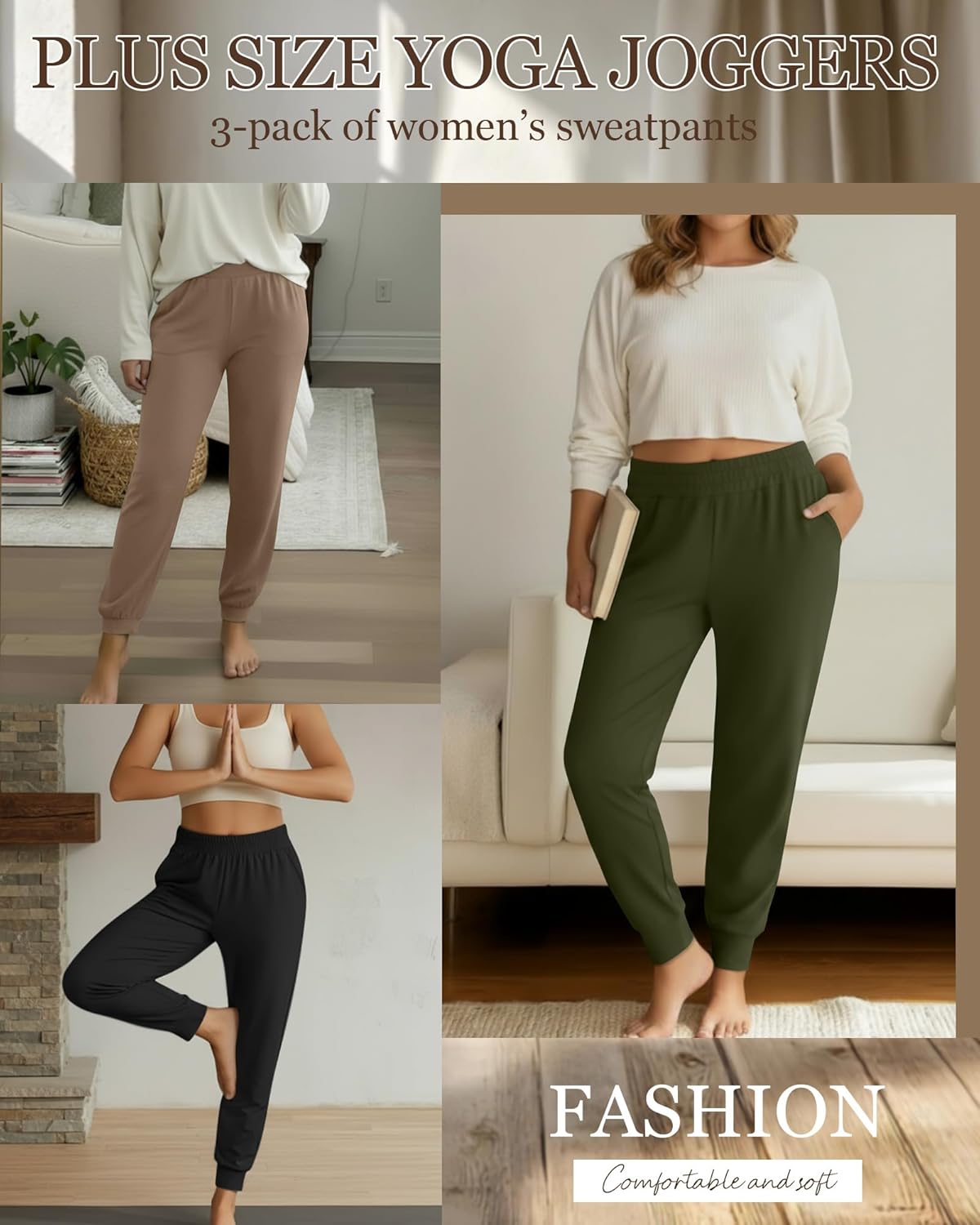 3 Pack Women's Plus Size Yoga Joggers, Comfy High Waisted Lounge Pants Loose Casual Sweatpants Pajama with Pockets - Image 3
