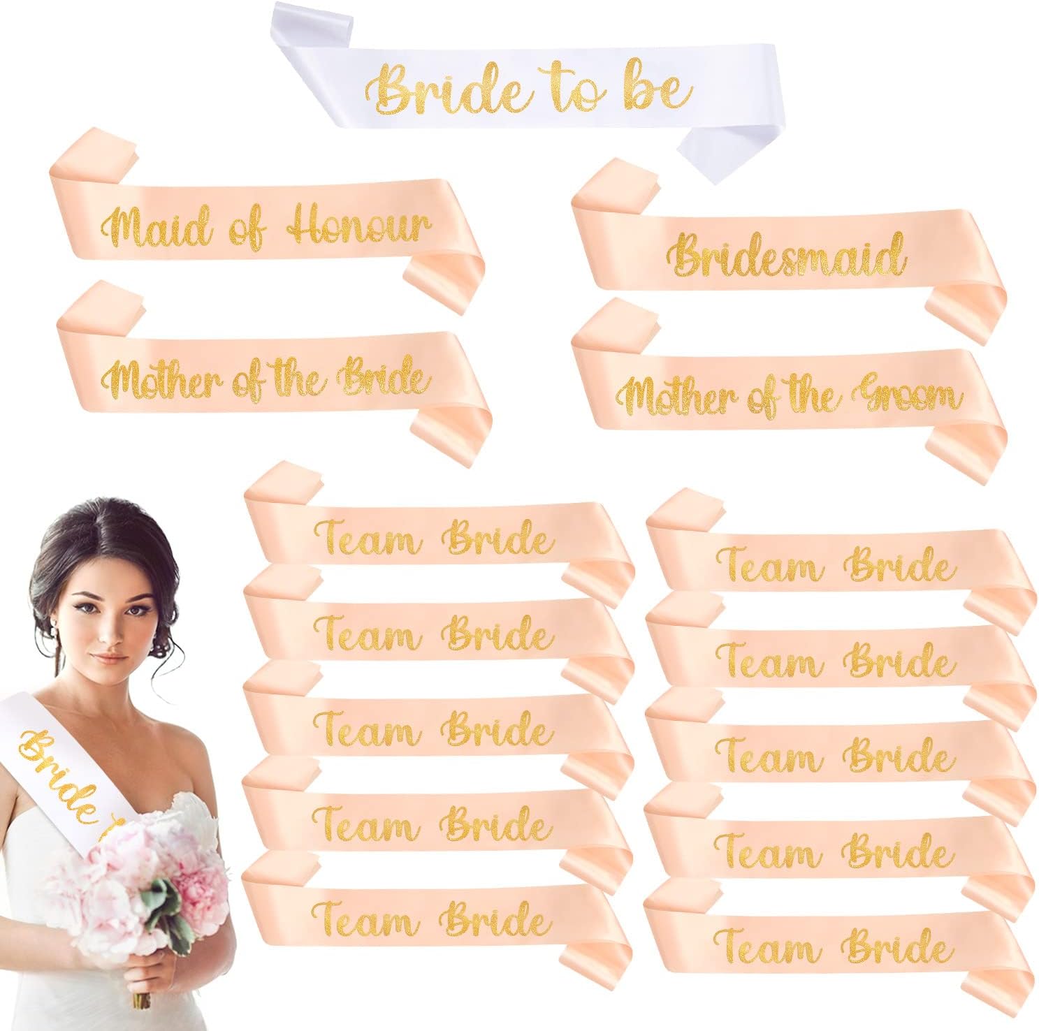 Yueshop 15 PCS Hen Party Sashes Set of Bridesmaid/Maid Of Honour/Mother of the Bride/Mother of the Groom/Team Bride Sash with Golden Letter Design Suitable for Hen Party Wedding