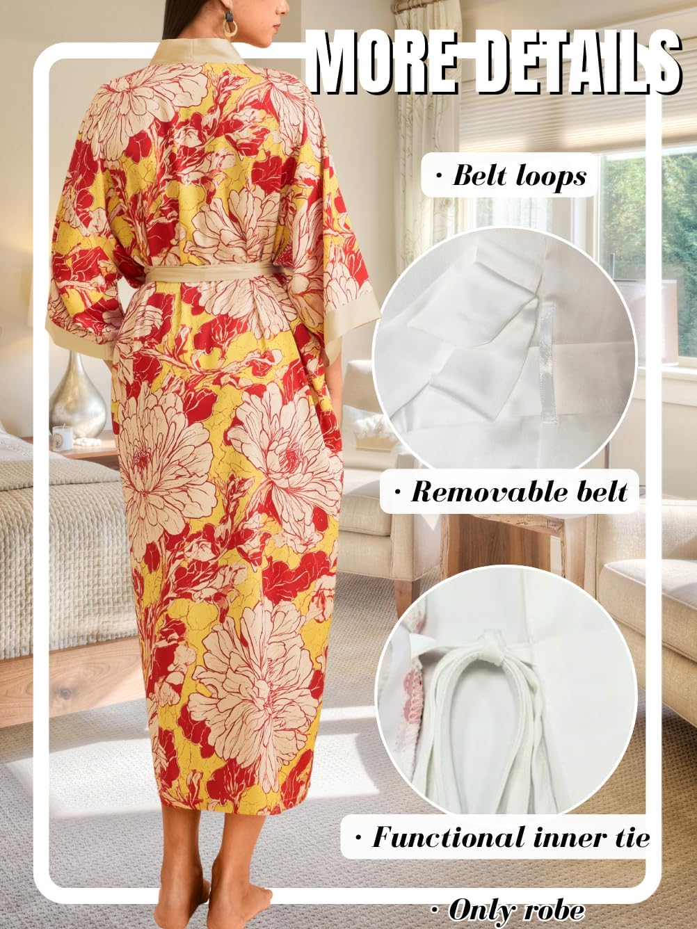 Women's Fancy Print Satin Kimono Robe, Soft Silky Lightweight, Long Wedding Bridesmaid Robes Fits Sizes 0-12 - Image 3