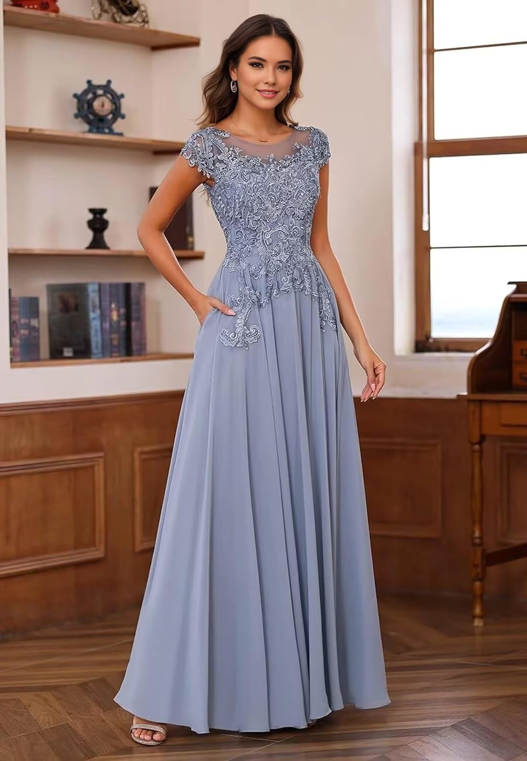 Mother of The Bride Dresses O Neck Lace Appliques Wedding Guest Dresses Chiffon Long Formal Dress Cap Sleeve