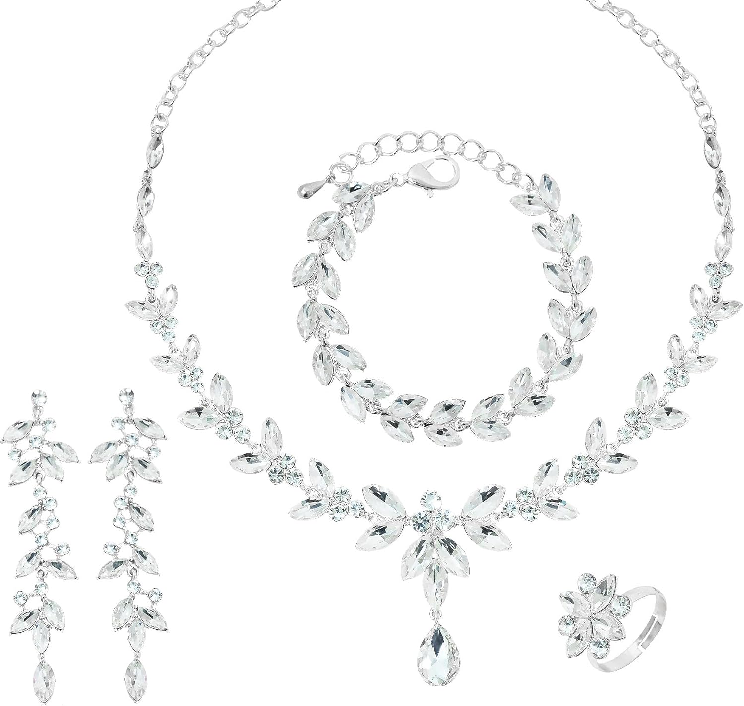 CSY 4 Pcs Elegant Bridal Jewelry Sets Austrian Marquise Crystal Wedding Necklace Dangle Earrings Tennis Bracelet Ring Set for Bride Women Costume Accessories