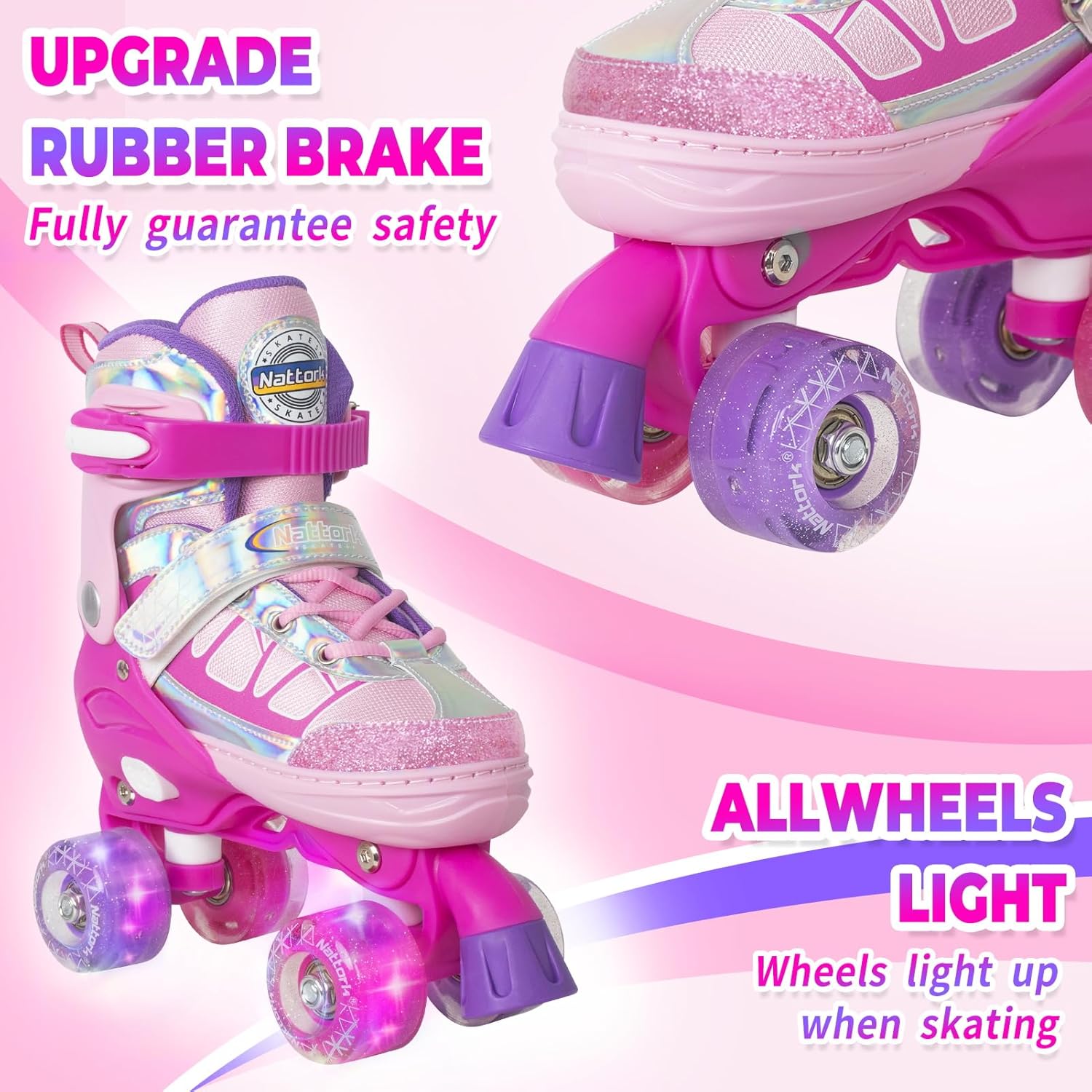 Nattork Roller Skates for Kids Boys Girls, 4 Size Adjustable Rollerskates with Light Up Wheels for Children Beginners for Outdoor Indoor Rosy - Image 2