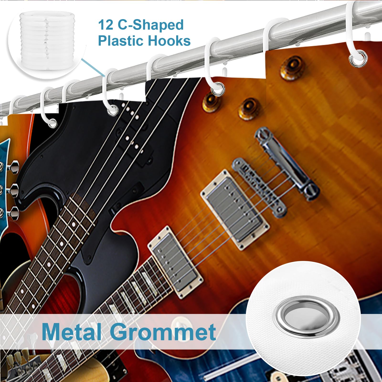 Gitarren-Duschvorhang Rockmusik-Design | Wasserdichter Polyester | 183x183 Cm | Inkl. 12 Haken
