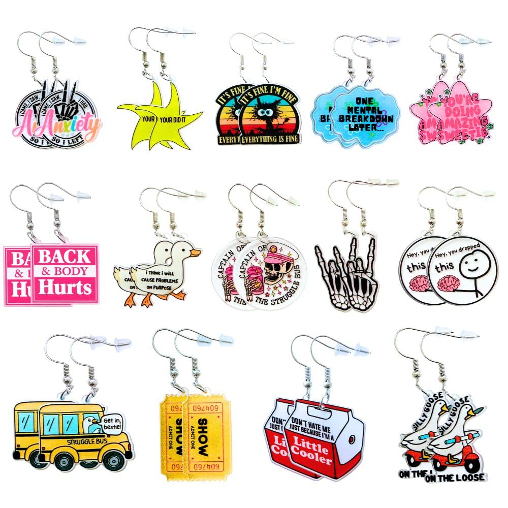 16PC Book Earrings Unique Skeleton Frog Cat Funny Sarcastic Sassy Quirky Animal Acrylic Accessories Bookclub Graduation Gift For Readers Bookish Items