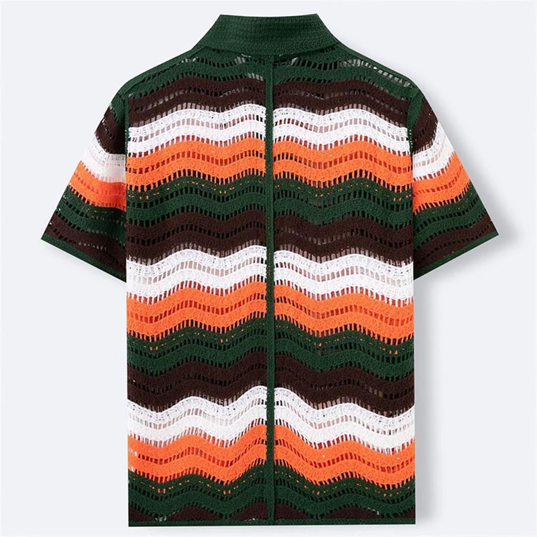Men’S Slim Fit Floral Crochet Knitted Polo Cardigan Short Sleeve Hollow Out Patchwork Retro Top Tee