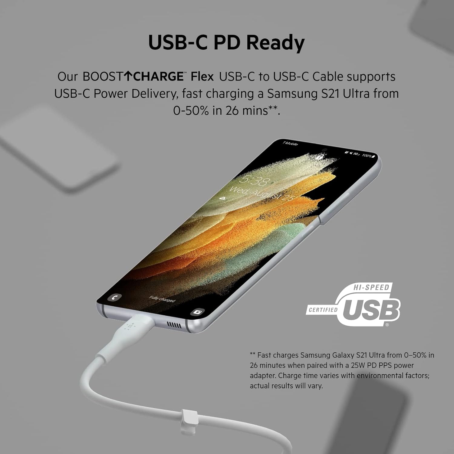Belkin BoostCharge Flex Silicone USB-C to USB-C Charging Cable (3M/10FT) for iPhone 16, iPhone 16 Pro, Galaxy S25, S24, Pixel 9 & 8, Nintendo Switch 2 & More with Cable Clip - White