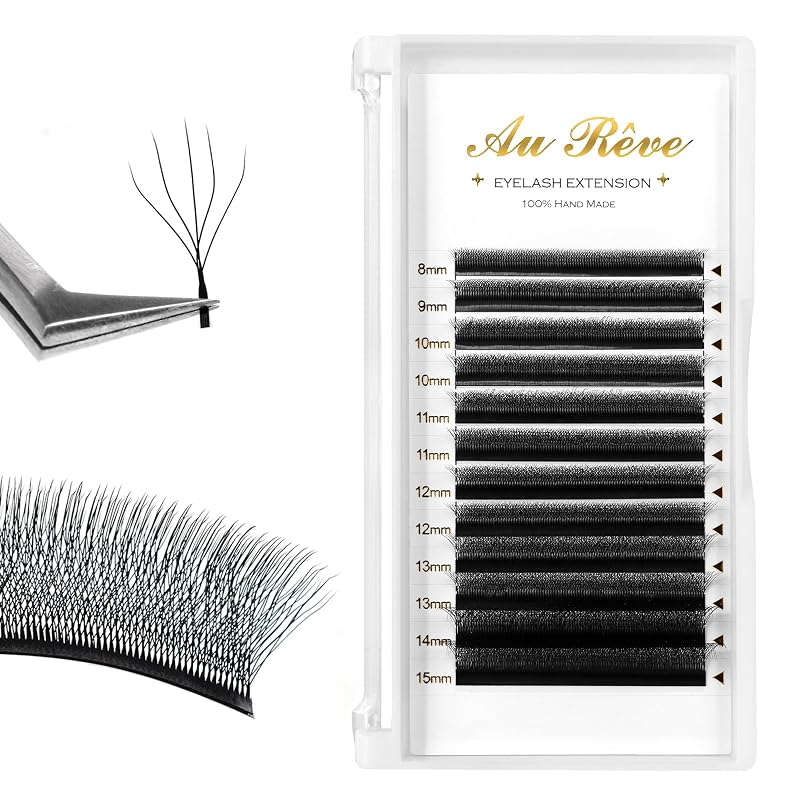 AuReve Extensões de Cílios W 5D Pré-modeladas, 0,07 D, 8–15 mm, Preto Fosco