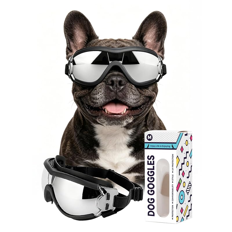 Óculos de sol para cães PETLESO com proteção UV, ventilação e tiras ajustáveis, Black tamanho M
