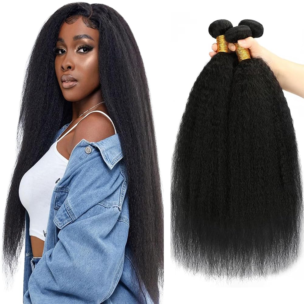 26 28 30 Inch Kinky Straight Human Hair 3 Bundles Yaki Straight Bundles 10A Brazilian Virgin Yaki Straight Human Hair Extensions For Black Women Natural Black Color