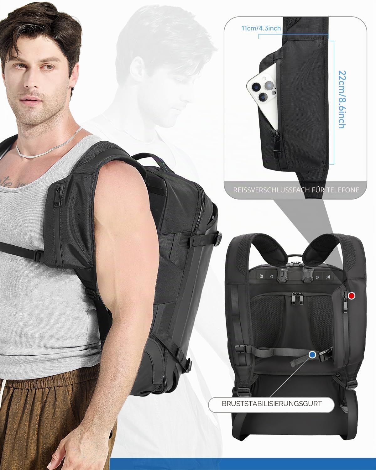 Trolley Rucksack mit Rollen – 45L Rollbarer Laptop-Rucksack inkl. 2 Packwürfeln, Wasserabweisendes Handgepäck für Flugzeug & Business, Koffer-Rucksack für Herren zum Reisen & Pendeln, Schwarz