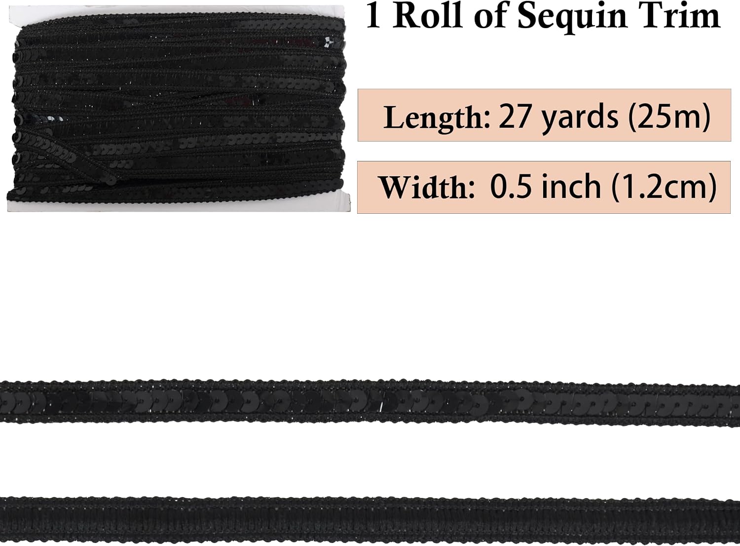 Sparkly Sequin Trim, 0.5 Inch Flat Glitter Sequin Ribbon, Sparkle Metallic Strip, Bling Fabric DIY Sewing Crafts Embellishment, 27 Yards, Black