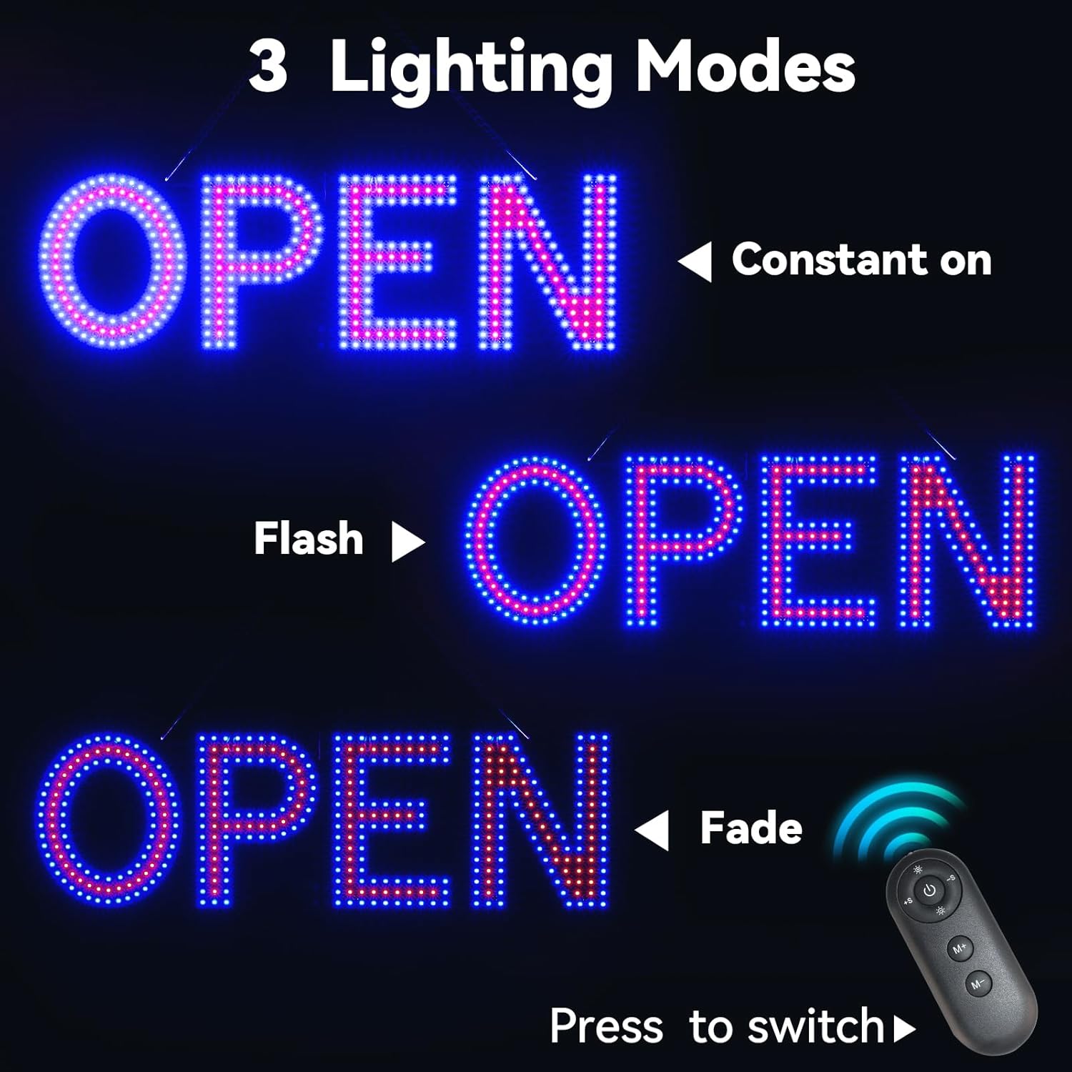 LED Open Sign for Business 22"Lx7"H with 10 Dimming Levels,3 Modes & Adjustable Chain - Ultra Bright Storefront Signs for Window Glass Door Shop Retail Restaurant Salon(Red&Blue) - Image 5