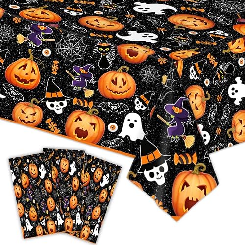 Image of Yiran Halloween Disposable Tablecloth,Black Pumpkin Ghost Witch Spider Bat Plastic Table Cover,Waterproof Wipeable Rectangular Table Cloth for Party Decor, Indoor Outdoor Halloween Dinner Table Decor
