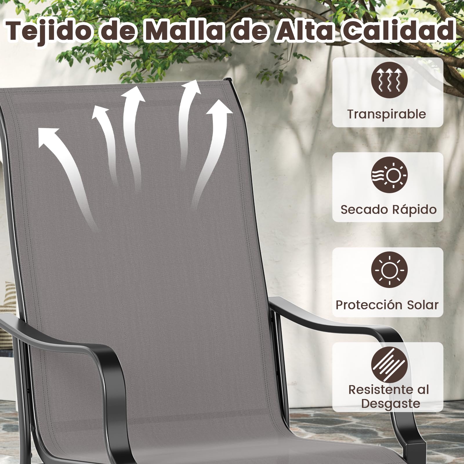 COSTWAY 2 Sillas Jardin Exterior Textilene, Sillas Comedor con Respaldo Alto y Asiento Ancho, Estructura Metálica, Terraza Balcon Exterior, 56 x 73 x 101 cm, Carga 150kg