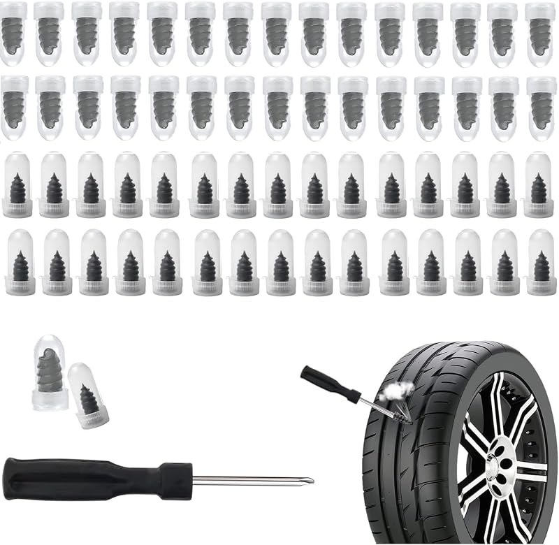 60PCS Tire Repair Rubber Nail Kit with 2 Sizes | Self-Service Tire Repair Kit with Plugs & Screwdriver for Quick Puncture Fix,Portable Screw in Tires Plugs as Tires Plug Kits