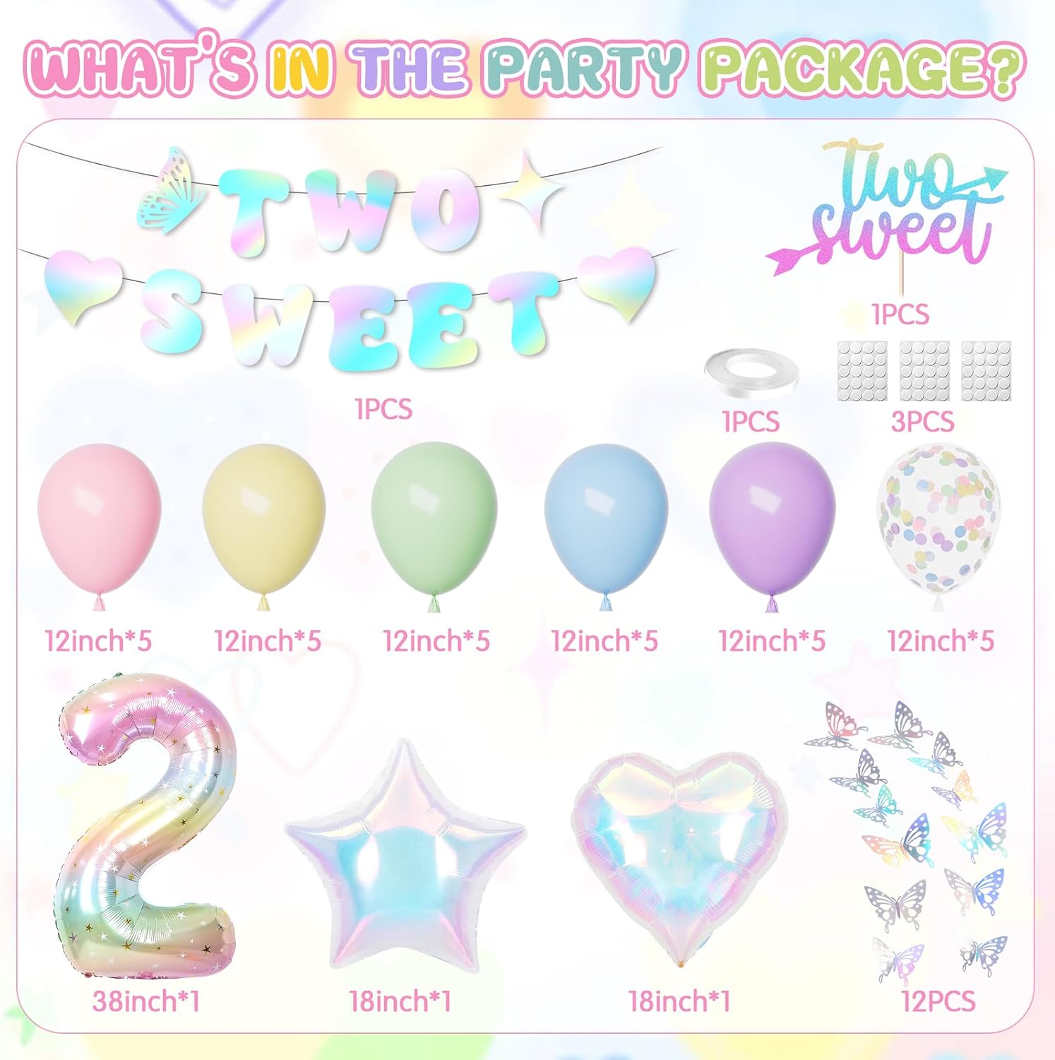 Pastel 2nd Birthday Decorations for Girl, 2 Year Old Girl Birthday Decorations Two Sweet Banner Star Heart Foil Balloon Cake Topper Butterfly Party Supplies image 2