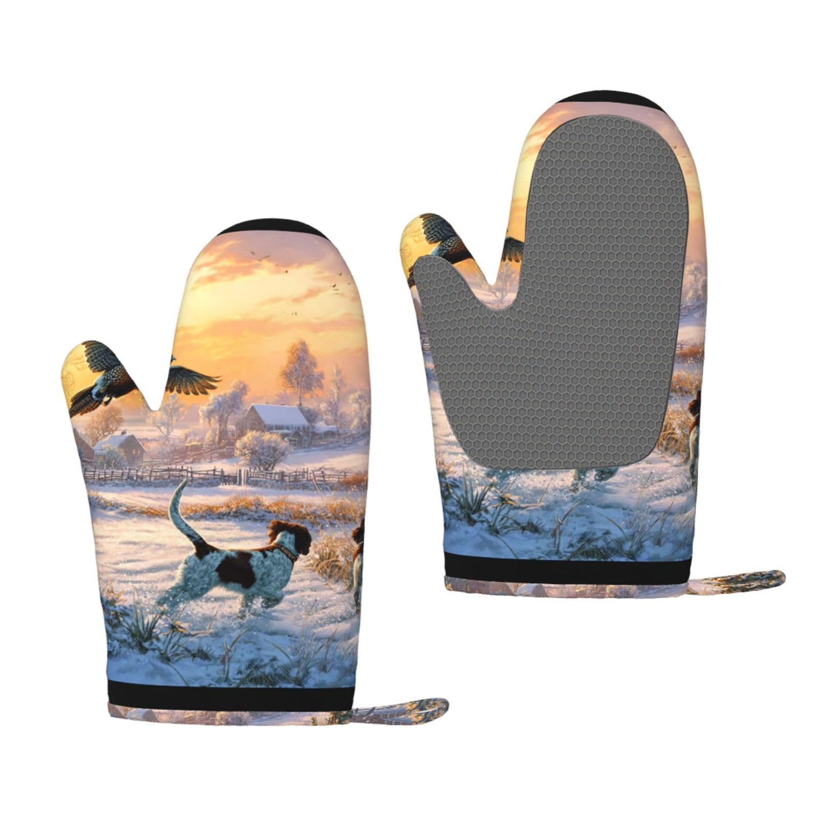 Oven Mitts Sets of 2 Heat Resistant Kitchen Gloves Dog Catching Pheasant Oven Mitts BBQ Oven Gloves Non-Slip Silicone Oven Mitts Waterproof Cooking Safety Gloves for Kitchen Baking Cooking