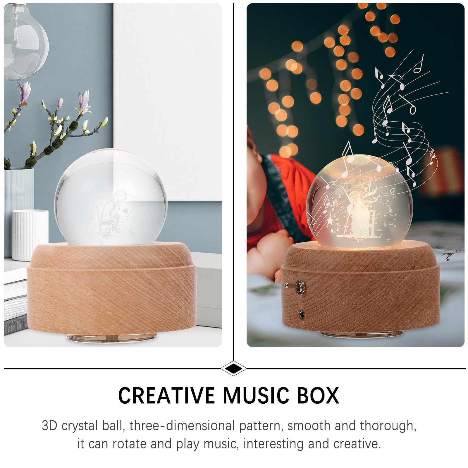 Caja de Música Giratoria Bola de Cristal y Base de Madera, Lámpara de Proyección LED para Luz Nocturna Infantil en Hogar y Oficina